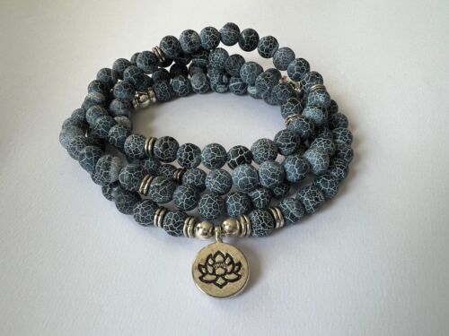 Collana Bracciale Mala in pietra blu/grigio con fantasia - 108 Grani - 8 mm
